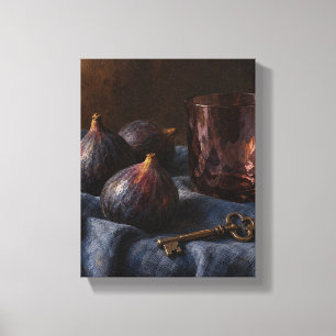 Schwarze Feigen, geräuchertes Glas und ein Messing Leinwanddruck