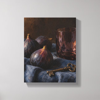 Schwarze Feigen, geräuchertes Glas und ein Messing Leinwanddruck
