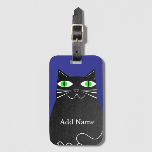 Schwarze Fett Katze mit grünem Individuelle Name B Gepäckanhänger (Vorderseite Vertikal)