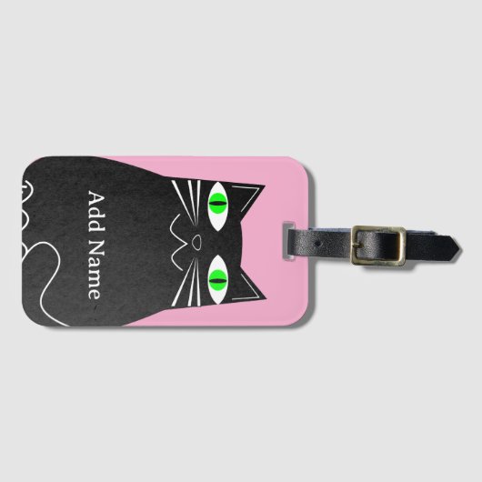 Schwarze Fett-Katze mit grünem Individuelle Name r Gepäckanhänger (Vorderseite (Horizontal))