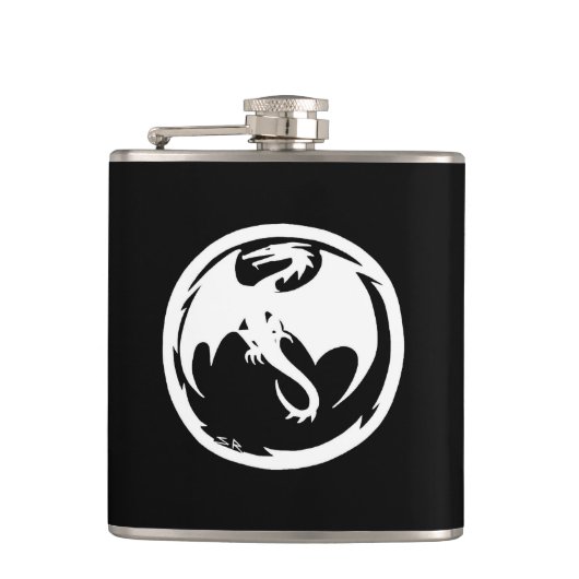 Schwarze Flasche mit weißem Drachen Flachmann (Vorderseite)