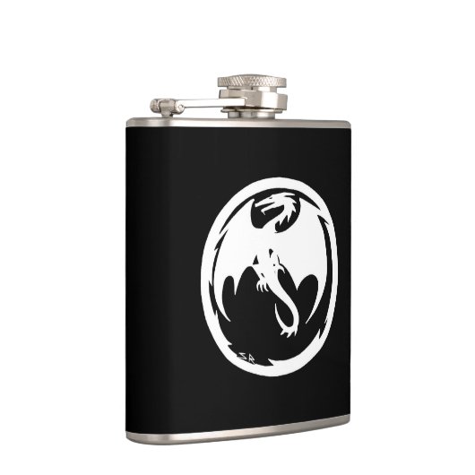 Schwarze Flasche mit weißem Drachen Flachmann (Rechts)