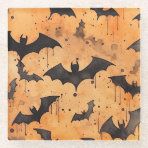 Schwarze Fledermäuse in Aquarellen auf Orange Glasuntersetzer