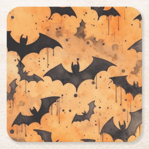 Schwarze Fledermäuse in Aquarellen auf Orange Rechteckiger Pappuntersetzer