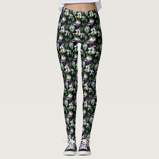 Schwarze Flora Fuchsia Wasserfarbe Leggings (Vorderseite)