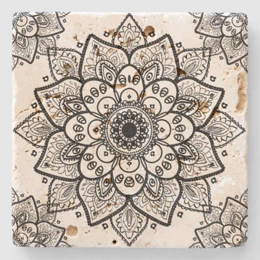 Schwarze Flora Mandala über weißem Hintergrund Steinuntersetzer (Vorderseite)