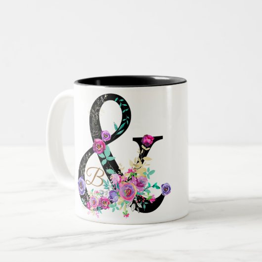 Schwarze Flora Moderne Ampersand Chic Rustikales L Zweifarbige Tasse (Vorderseite Links)