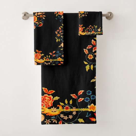 Schwarze Floral Badhandtuch Set (Insitu)