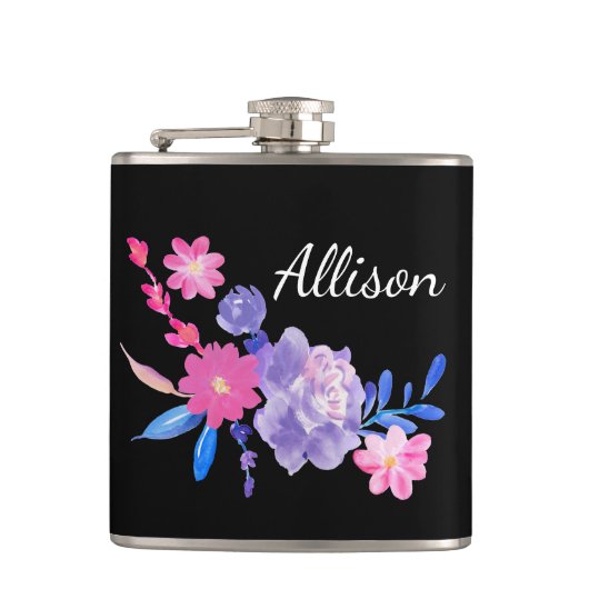 Schwarze Floral Custom Monoask Flachmann (Vorderseite)