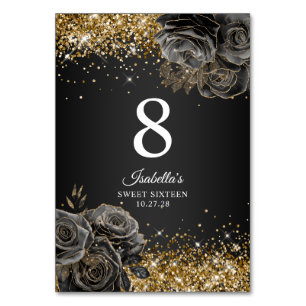 Schwarze Floral Glam Gold Glitter Sweet Sixteen Tischnummer
