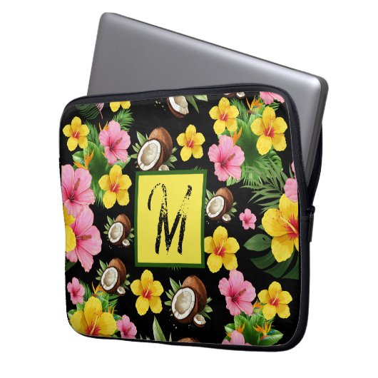 Schwarze Floral Laptopschutzhülle (Vorderseite Links)