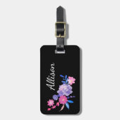 Schwarze Floral Monogram Lila Hübsche Girl Gepäckanhänger (Vorderseite vertikal)