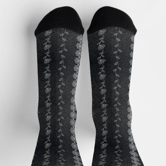 Schwarze Floral Spitzen Mode Designer Textur Socken (Oben)