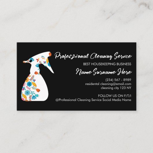 Schwarze Floral Spray Flasche Saubere Räume Visitenkarte (Vorderseite)