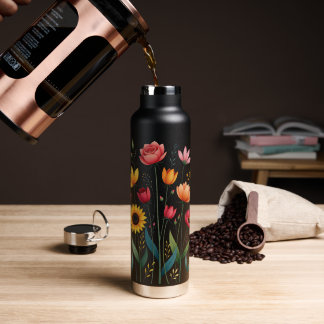 Schwarze Floral Stainless Steel Wasserflasche Trinkflasche