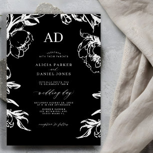 Schwarze florale elegante Hochzeit Einladung