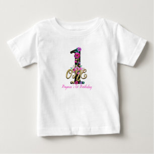 Schwarze Florale Gold Glitter EINS 1 1. Geburtstag Baby T-shirt