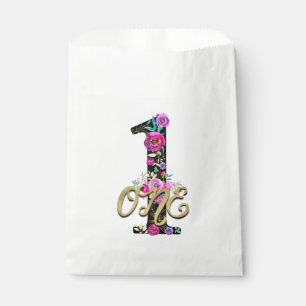 Schwarze Florale Gold Glitter EINS 1 1. Geburtstag Geschenktütchen