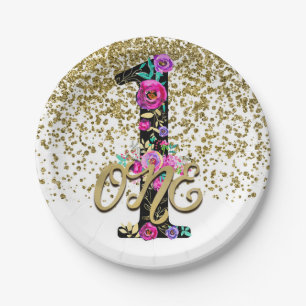 Schwarze Florale Gold Glitter EINS 1 1. Geburtstag Pappteller