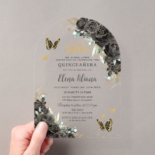 Schwarze Florale Goldene Schmetterlinge Quinceaner Acryleinladungen