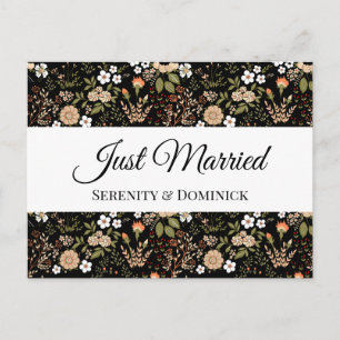 Schwarze Florale Hochzeitsanzeige 'Just Married' Ankündigungspostkarte