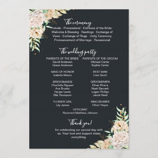 Schwarze Florale Hochzeitsprogramm- und Zeitplan-K Programm (Rückseite)