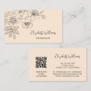 Schwarze Florale Line-Art-Botanik-QR-Code Visitenkarte