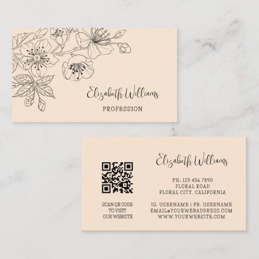 Schwarze Florale Line-Art-Botanik-QR-Code Visitenkarte (Vorne/Hinten)