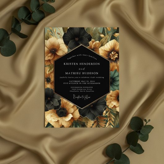 Schwarze florale opulente Hochzeit Einladung