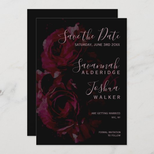 Schwarze florale Wasserfarbe Hochzeit Sichern Sie Einladung (Vorne/Hinten)