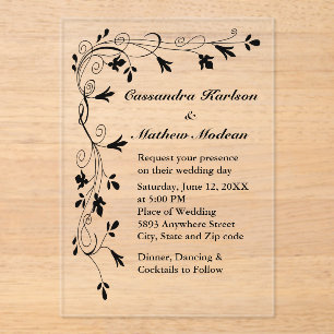 Schwarze Florale Weinranke Hochzeit Elegant Botani Acryleinladungen