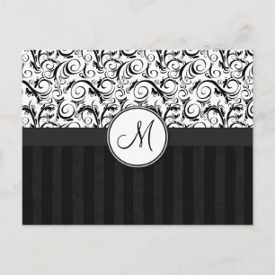 Schwarze florale Wirbel, Streifen und Monogramm au Postkarte