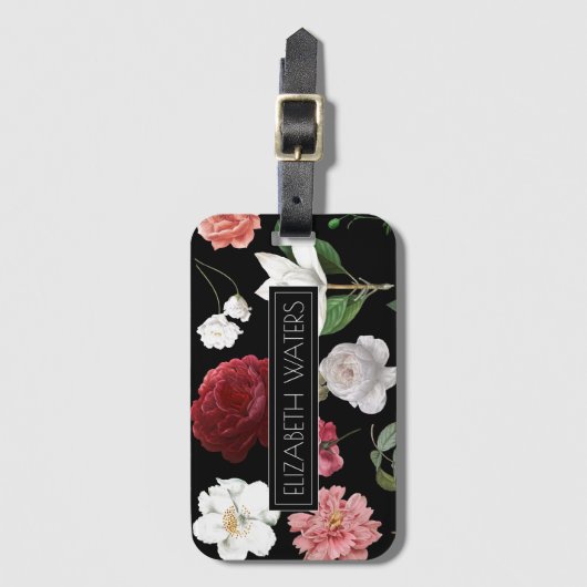 SCHWARZE FLORALREISETAG GEPÄCKANHÄNGER (Vorderseite Vertikal)