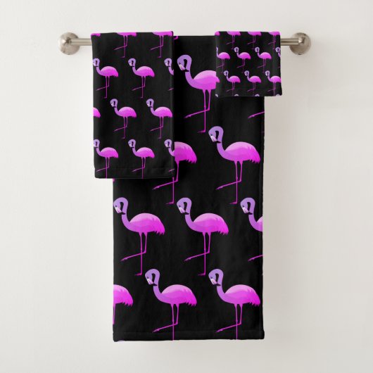 SCHWARZE FLURO FLAMINGO PATTERTERN BADEZIMMER TOWE BADHANDTUCH SET (Insitu)