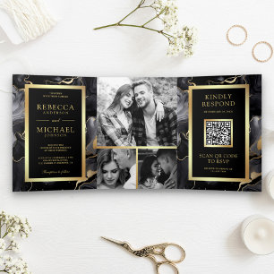 Schwarze Flüssig-Tinte QR-Code Hochzeit Dreifach Gefaltete Einladung