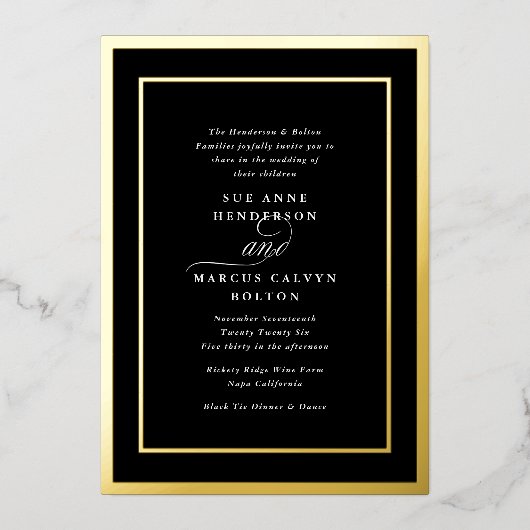 Schwarze formale klassische Großformatverkleidung Folieneinladung (Vorderseite)