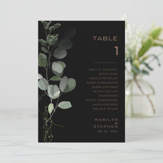 Schwarze formale Minimal-Tischnummer 1 Sitzkarte Einladung (Stehend Vorderseite)