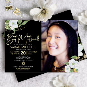 Schwarze Foto Bat Mitzvah Florale Schrift Echtgold Folieneinladung