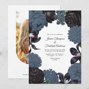 Schwarze Foto-/QR-Code-Blumenhochzeit auf Schiefer Einladung