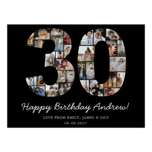 Schwarze Fotocollage zum 30. Geburtstag groß Poster