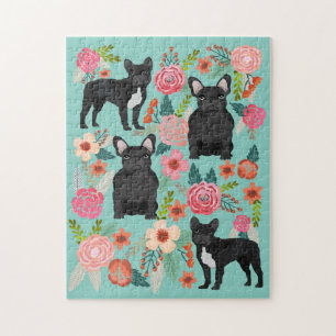 Schwarze Französische Bulldoggen Vintage Blumen Puzzle