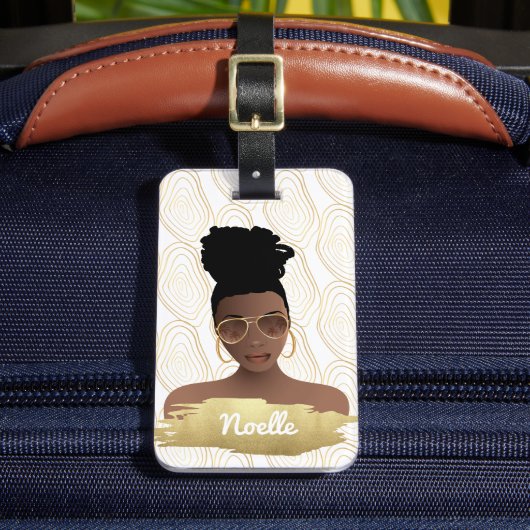 Schwarze Frau, Abstrakte goldene Form, Weiß Gepäckanhänger (Vorderseite Insitu 2)