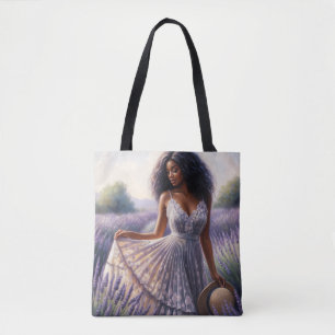 Schwarze Frau auf einem Feld mit Lavendelblumen Tasche