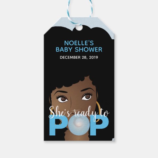Schwarze Frau, Bereit zum Pop, Bubblegum, Blau Geschenkanhänger (Vorderseite)
