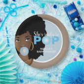 Schwarze Frau, Bereit zum Pop, Bubblegum, Blau Pappteller (Party)