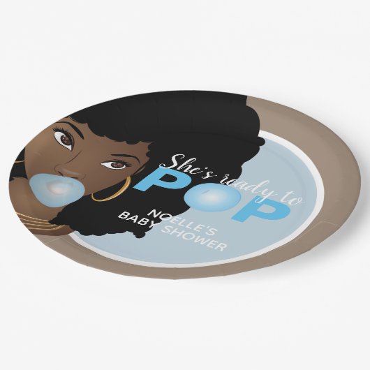 Schwarze Frau, Bereit zum Pop, Bubblegum, Blau Pappteller (Schrägansicht)