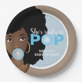 Schwarze Frau, Bereit zum Pop, Bubblegum, Blau Pappteller (Vorderseite)