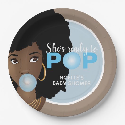 Schwarze Frau, Bereit zum Pop, Bubblegum, Blau Pappteller (Vorderseite)