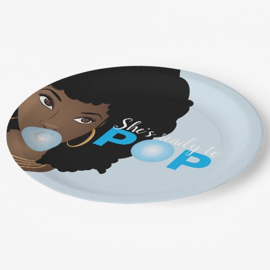 Schwarze Frau, Bereit zum Pop, Bubblegum, Blau Pappteller (Schrägansicht)