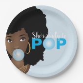 Schwarze Frau, Bereit zum Pop, Bubblegum, Blau Pappteller (Vorderseite)